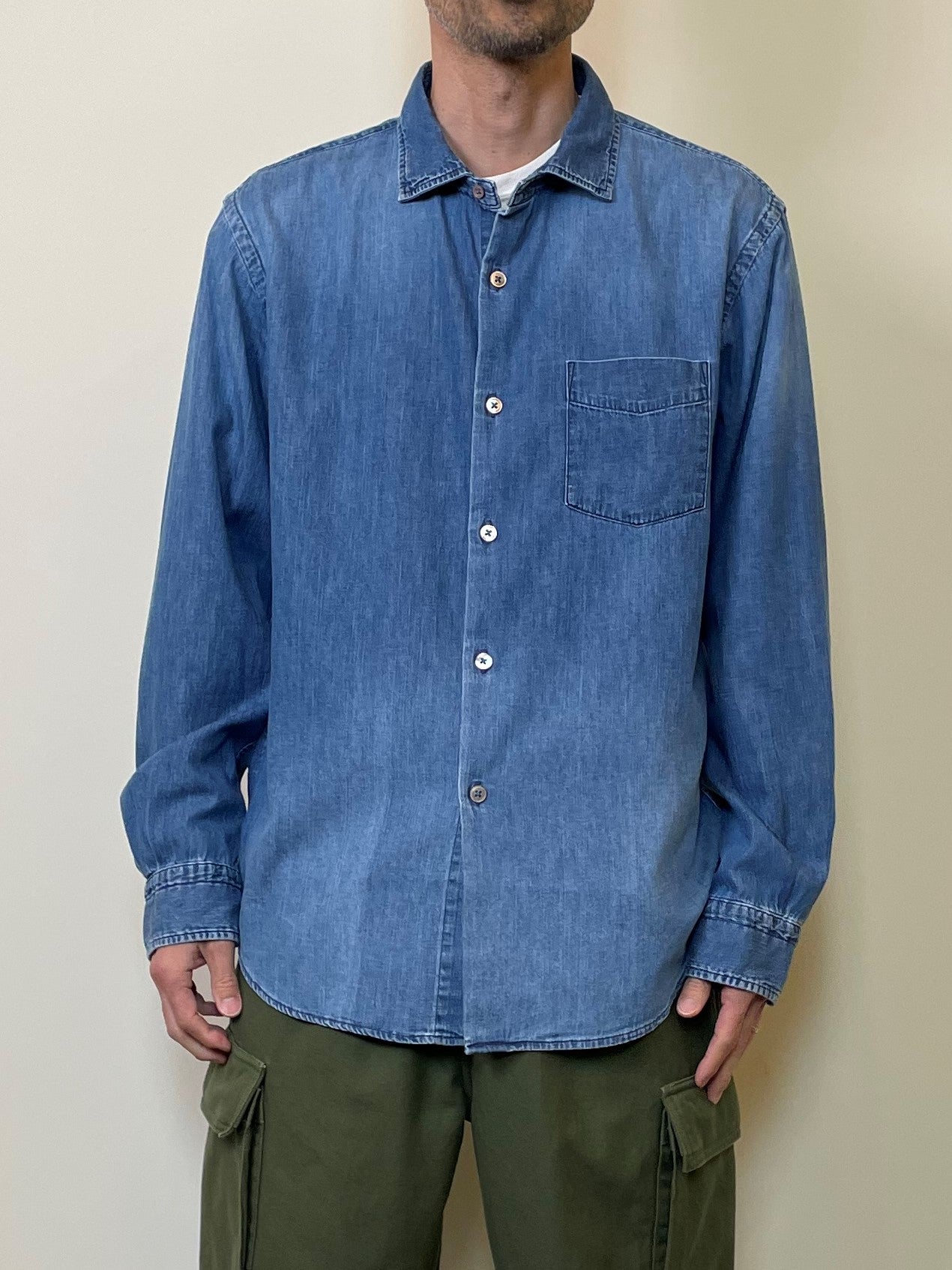 デニム スプレッドカラーシャツ ユーズドウォッシュ/ Denim Spread collar shirt used wash