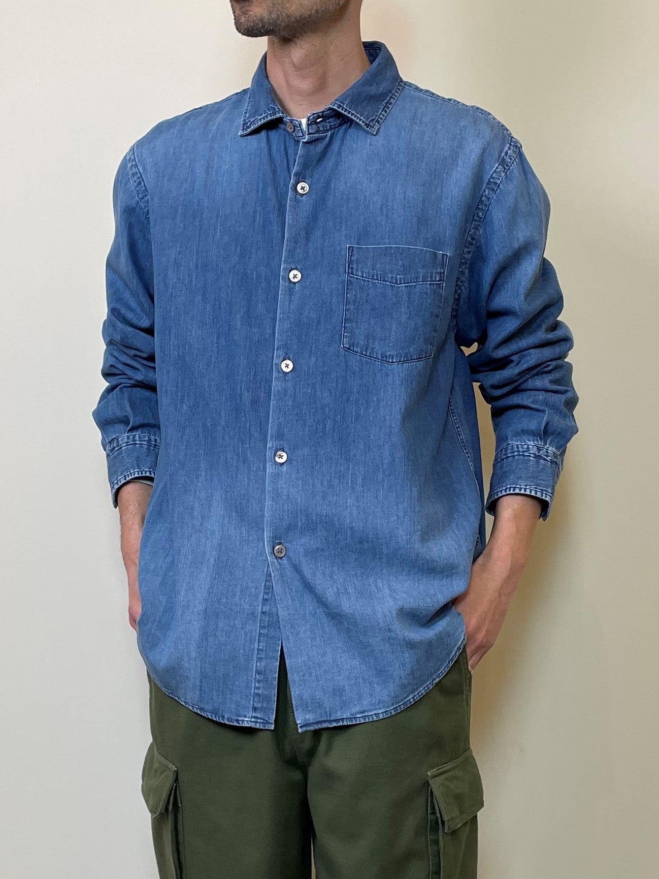 デニム スプレッドカラーシャツ ユーズドウォッシュ/ Denim Spread collar shirt used wash