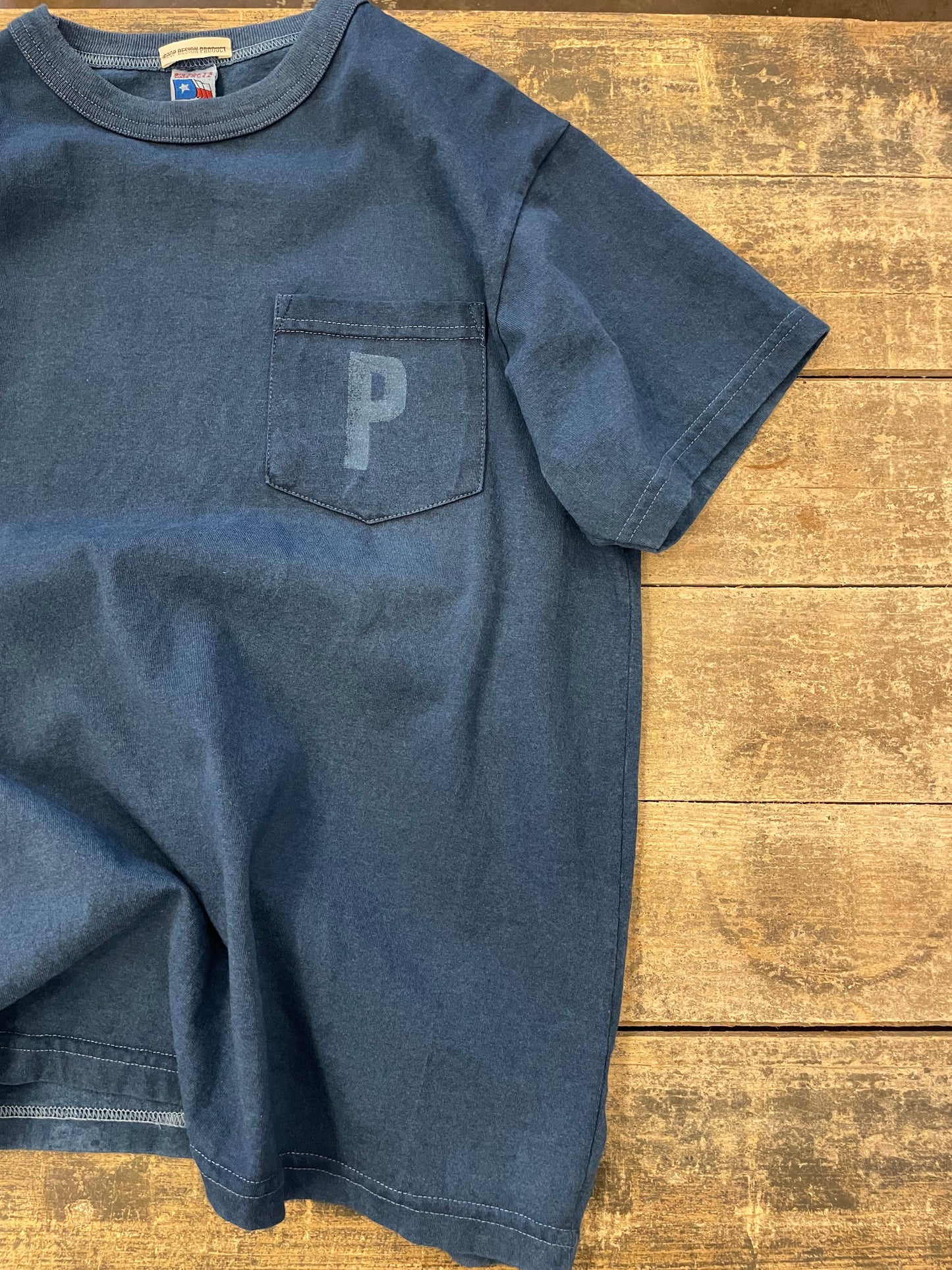 インディゴショートスリーブスタンプポケットTシャツ / Indigo short sleeves stamp pocket T-shirt