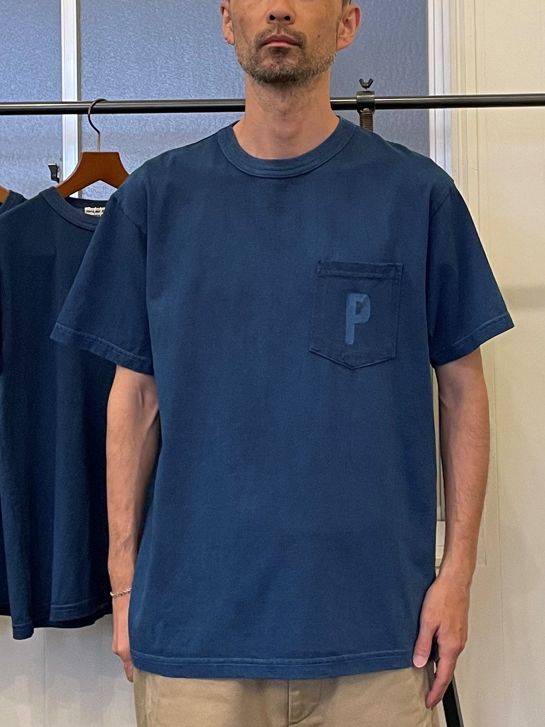 インディゴショートスリーブスタンプポケットTシャツ / Indigo short sleeves stamp pocket T-shirt
