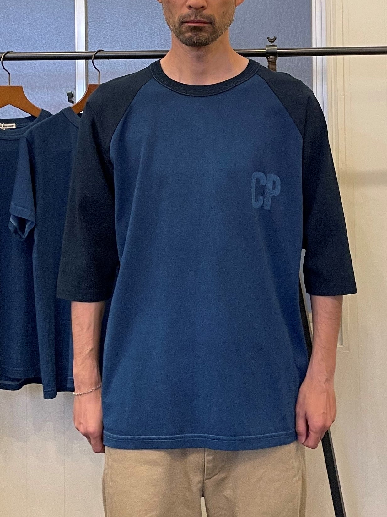 インディゴクオータースリーブベイスボールスタンプTシャツ / Indigo quarter sleeves baseball stamp T-shirt