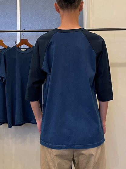 インディゴクオータースリーブベイスボールスタンプTシャツ / Indigo quarter sleeves baseball stamp T-shirt