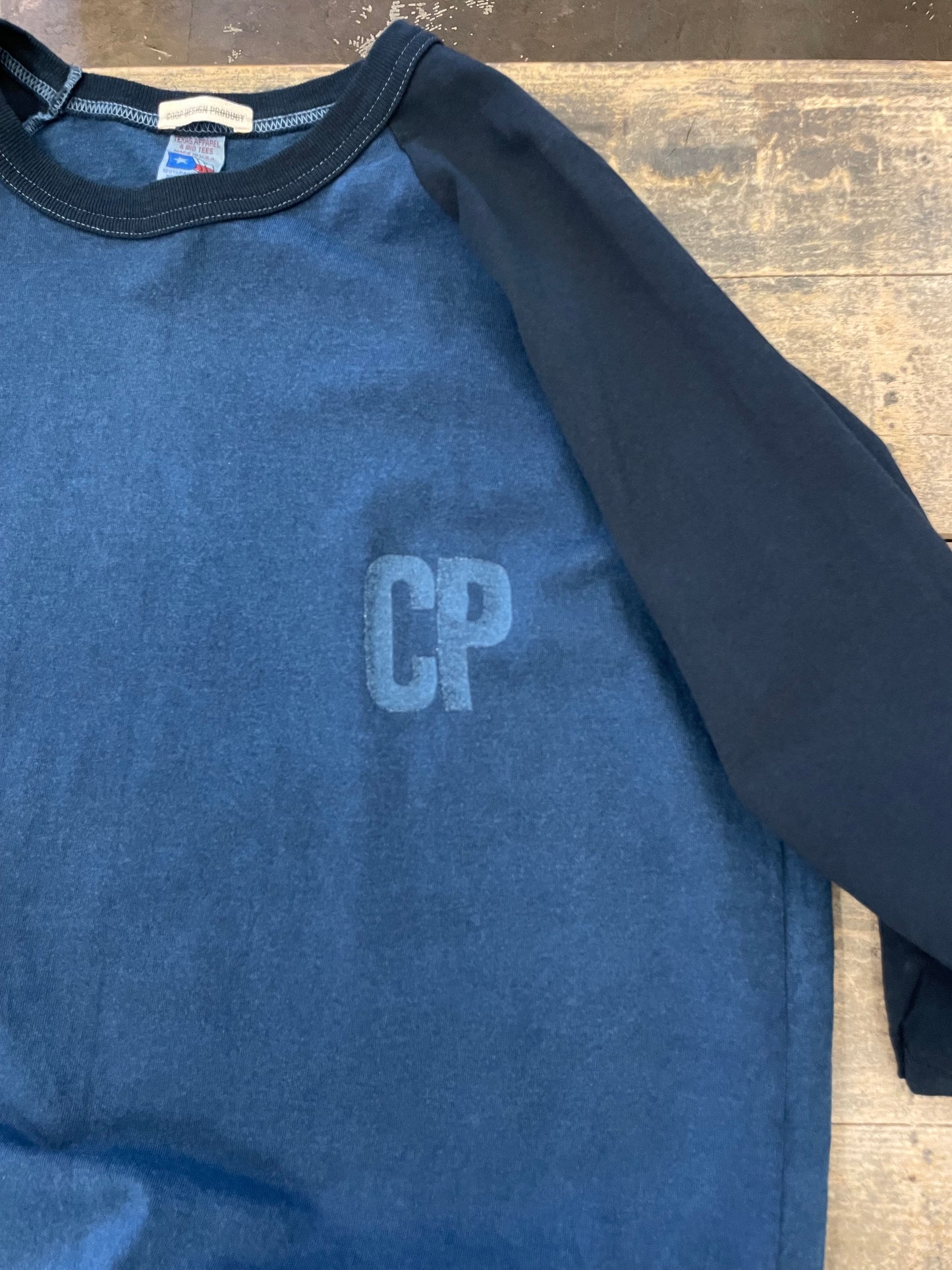 インディゴクオータースリーブベイスボールスタンプTシャツ / Indigo quarter sleeves baseball stamp T-shirt