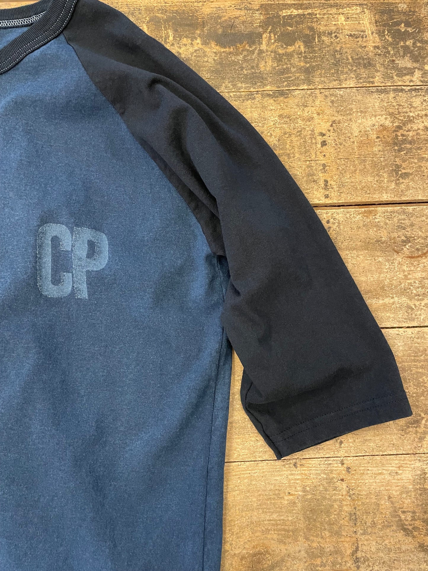 インディゴクオータースリーブベイスボールスタンプTシャツ / Indigo quarter sleeves baseball stamp T-shirt